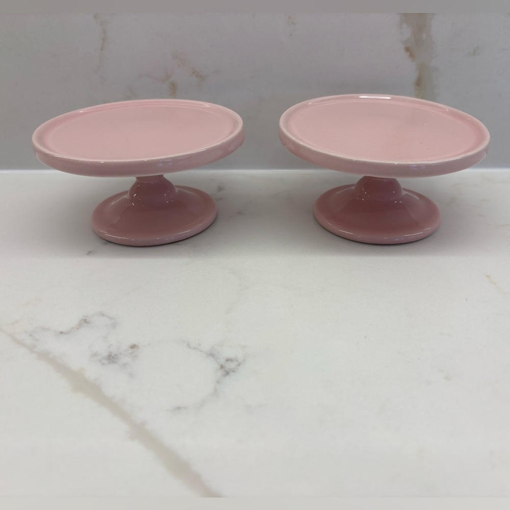 Set of Two Pink Ceramic Mini Pedestal Stands Display Raiser New